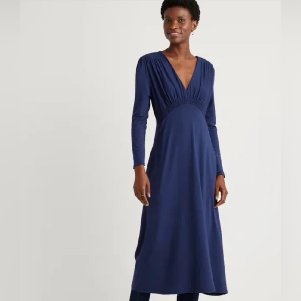 NWT Quince Long Sleeve Tencel V Neck Jersey Dress Nave Size Small
